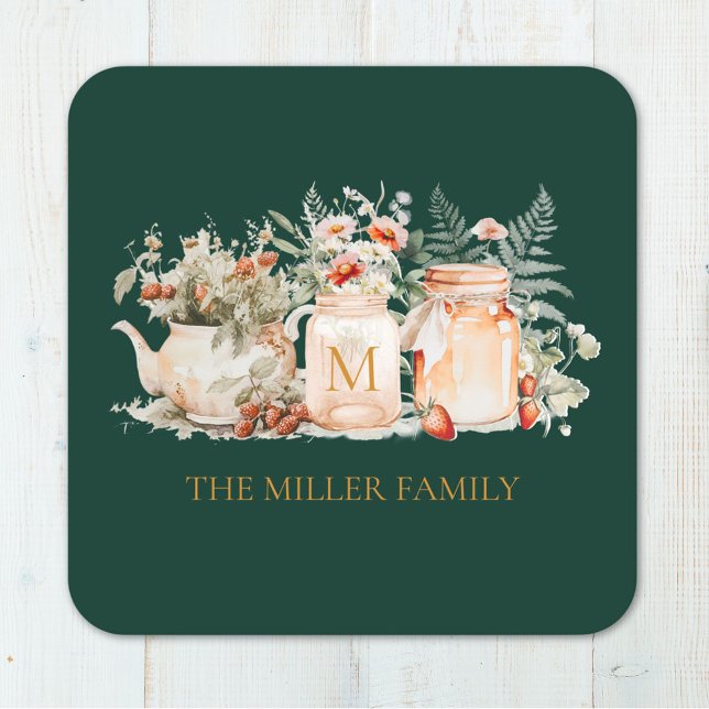 Monogrammed Forest Floral Botanical Family Name Square Paper Coaster (In situ)