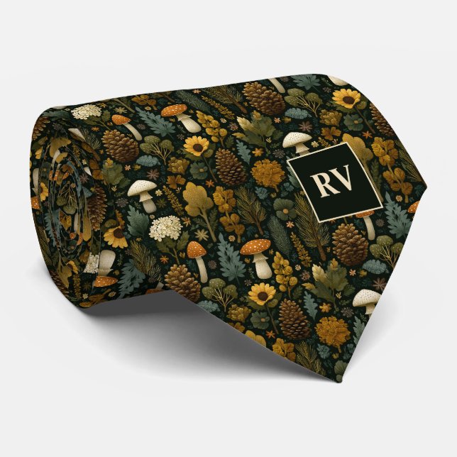 Monogrammed Forest Mushroom Autumn Pinecone Tie (Rolled)