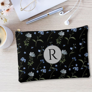 Monogrammed Forget Me Not Blue Floral Watercolor Accessory Pouch