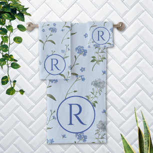 Monogrammed Forget Me Not Blue Floral Watercolor  Bath Towel Set