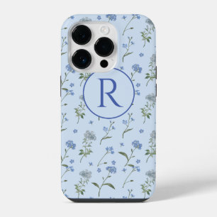 Monogrammed Forget Me Not Blue Floral Watercolor iPhone 14 Pro Case