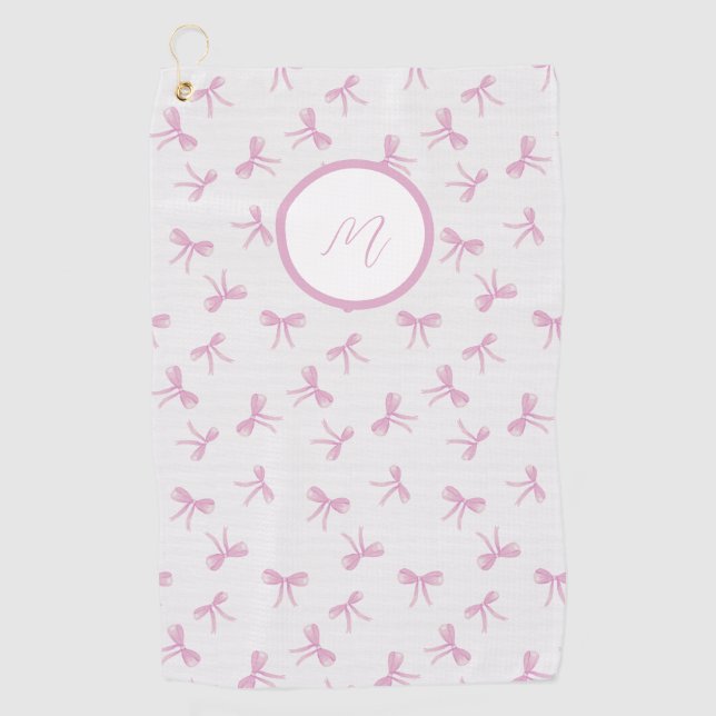 Monogrammed Frilly Coquette Pink watercolor Bow  Golf Towel (Front)