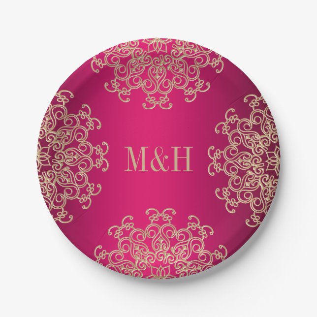Monogrammed Fuchsia and Gold Indian Style Wedding Paper Plate (Front)