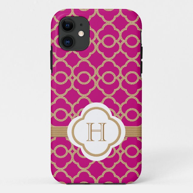Monogrammed Fuchsia Pink Gold Moroccan Case-Mate iPhone Case (Back)
