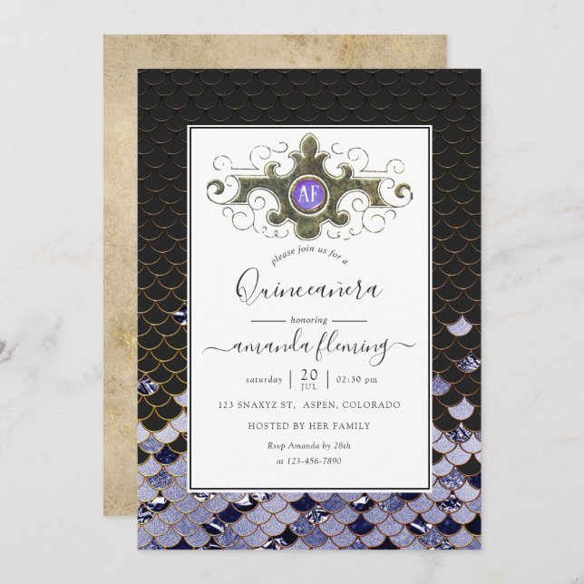 Monogrammed Gemstone Mermaid Quinceañera Invitation (Front/Back)