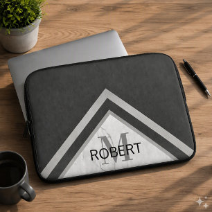 Monogrammed Geometric Chevron Black Silver Marble Laptop Sleeve