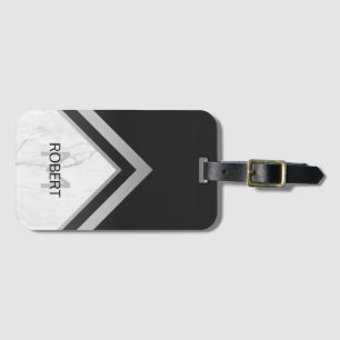 Monogrammed Geometric Chevron Black Silver Marble Luggage Tag