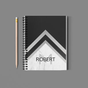 Monogrammed Geometric Chevron Black Silver Marble Notebook