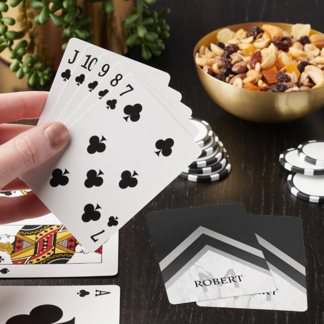 Monogrammed Geometric Chevron Black Silver Marble Playing Cards (In Situ)