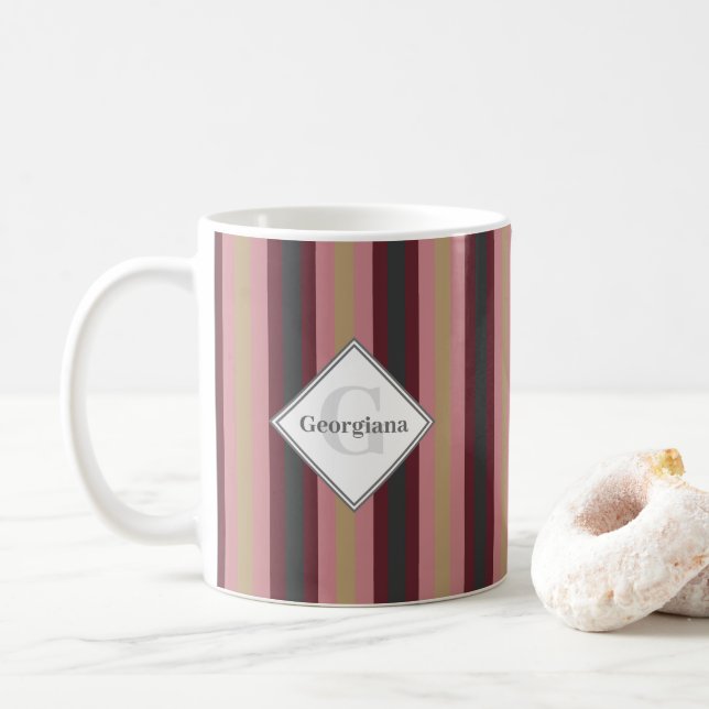 Monogrammed Geometric Colourful Vertical Stripes Coffee Mug (With Donut)