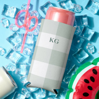 Monogrammed Gingham Check Green Seltzer Can Cooler