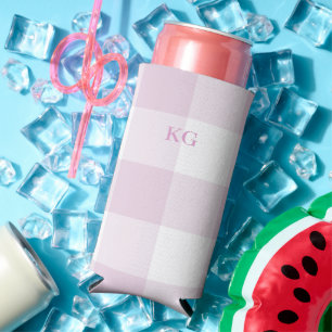 Monogrammed Gingham Check Pink Seltzer Can Cooler