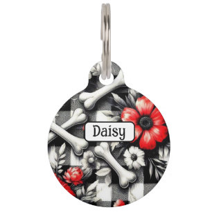 Monogrammed Gingham Plaid Black White Red Floral Pet Tag