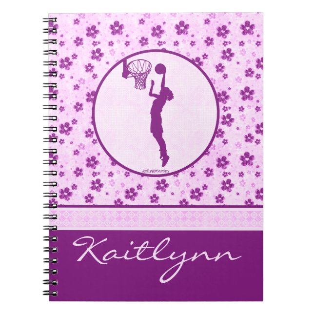 Monogrammed Girl's Basketball Purple Heart Floral Spiral Notebook (Front)