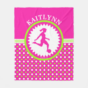 Monogrammed Girls Soccer Pink - Green Polka-Dots Fleece Blanket