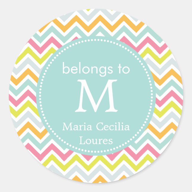 Monogrammed Girly Chevron Rainbow Modern Classic Round Sticker (Front)