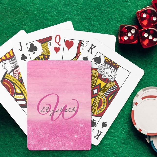 Monogrammed Girly Hot Pink Ombre Shimmer Playing Cards (Creator Uploaded)