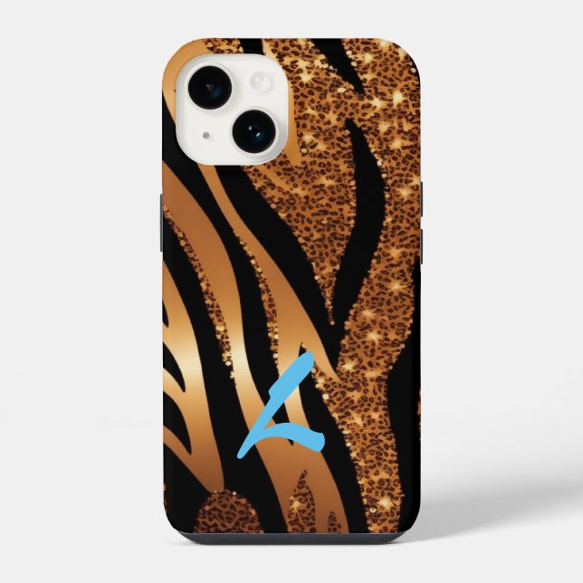Monogrammed Gold Agate Tiger Leopard Glitter iPhone Case (Back)