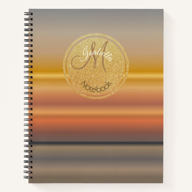 Monogrammed Gold And Grey Sunset Linear Gradients Notebook (Front)