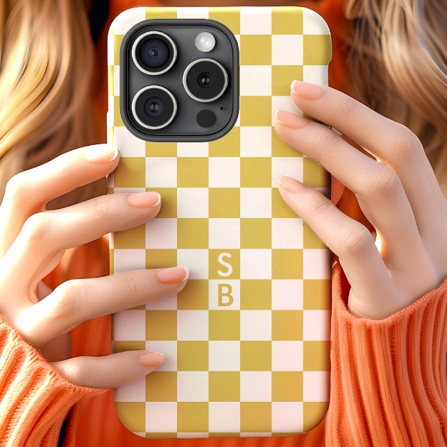 Monogrammed Gold And White Chequerboard Pattern iPhone 15 Case (Creator Uploaded)
