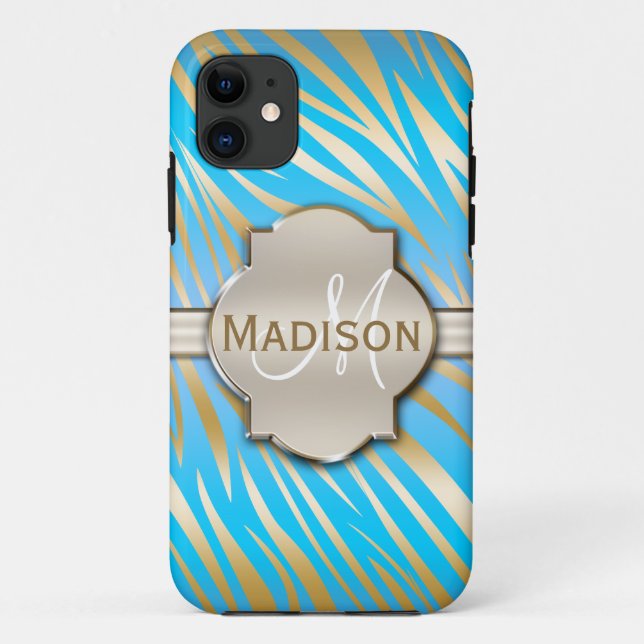 Monogrammed Gold Blue Zebra Print Pattern Case-Mate iPhone Case (Back)