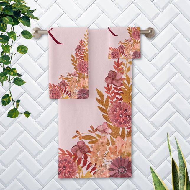 Monogrammed Gold Burgundy Fall Floral Bath Towel Set (In situ Bathroom wall)