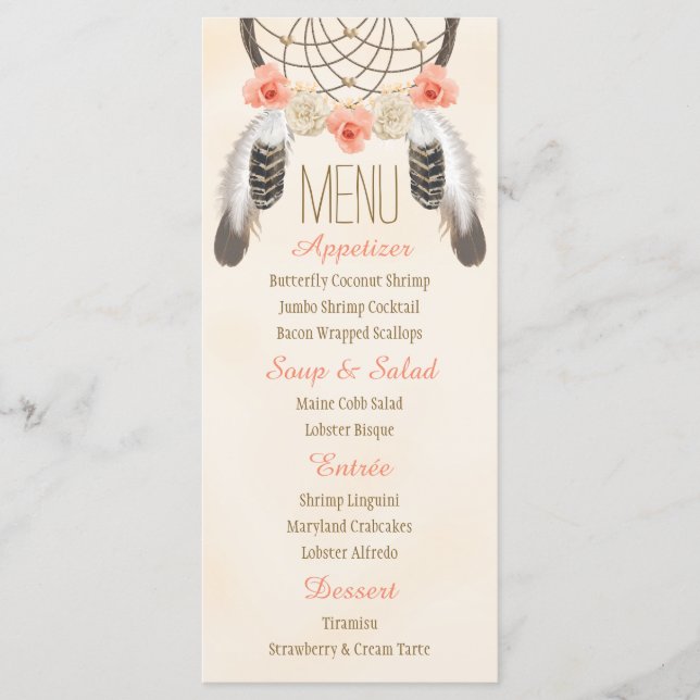 Monogrammed Gold Coral Dreamcatcher Wedding Menu (Front)