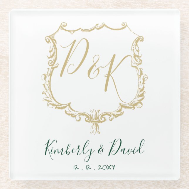 Monogrammed Gold Crest and Forest Green Wedding Glass Coaster (Front)