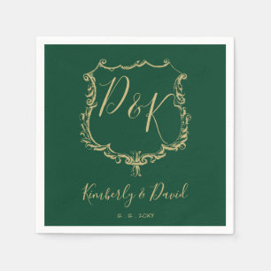 Monogrammed Gold Crest and Forest Green Wedding Napkin