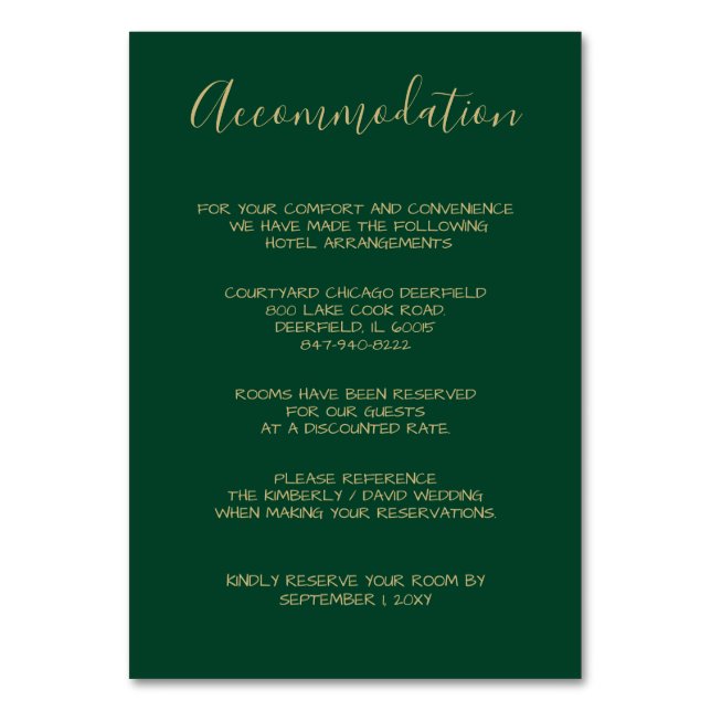 Monogrammed Gold Crest Green accommodation cards (Front)
