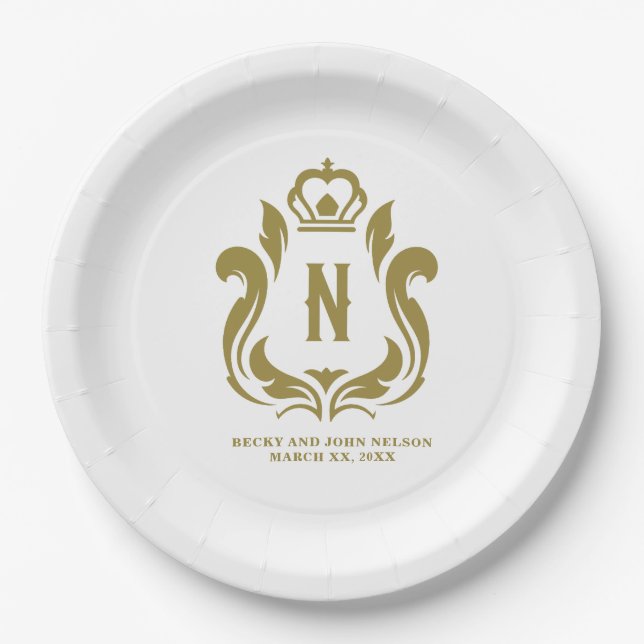 Monogrammed Gold Crest Paper Plate (Front)