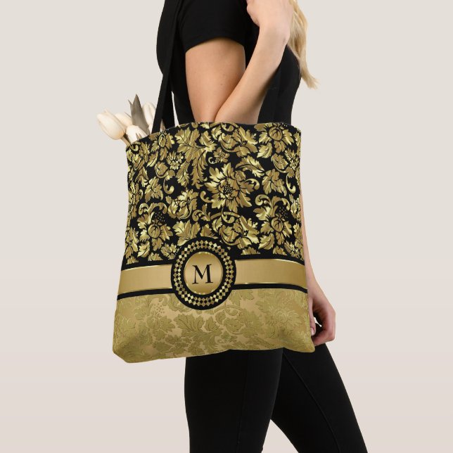 Monogrammed Gold Damask Tote Bag (Close Up)