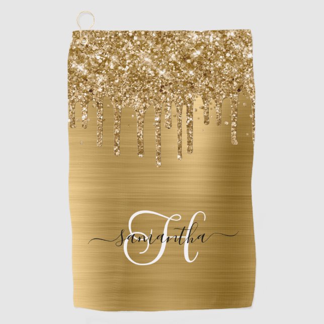 Monogrammed Gold Dripping Glitter Golf Towel (Front)