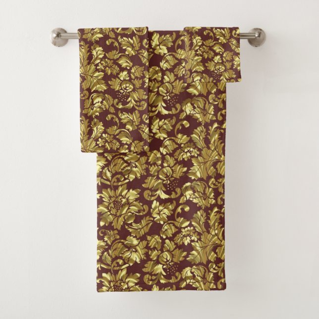 Monogrammed Gold Floral Damask Bath Towel Set (Insitu)