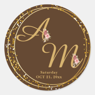 Monogrammed Gold Flower Minimal White Classic Round Sticker