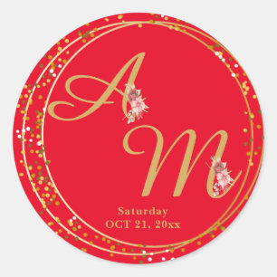 Monogrammed Gold Flower Minimal White Classic Round Sticker