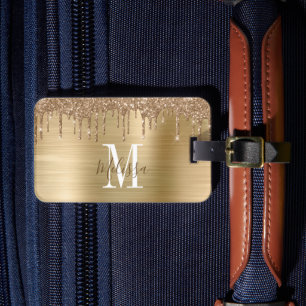 Monogrammed Gold Glitter Drip Brushed Metal  Luggage Tag
