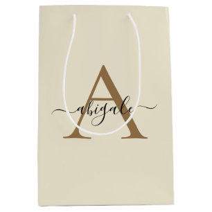 Monogrammed Gold Linen White   Minimal Elegant Medium Gift Bag