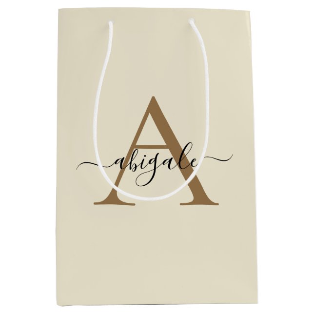Monogrammed Gold Linen White | Minimal Elegant Medium Gift Bag (Front)