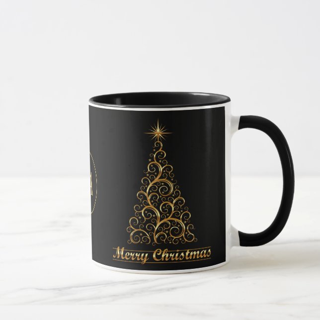 Monogrammed Gold Merry Christmas Tree Star Holiday Mug (Right)