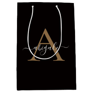 Monogrammed Gold Oil Black   Minimal Elegant Medium Gift Bag