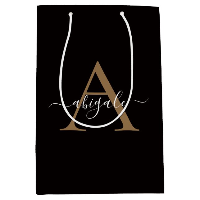 Monogrammed Gold Oil Black | Minimal Elegant Medium Gift Bag (Front)
