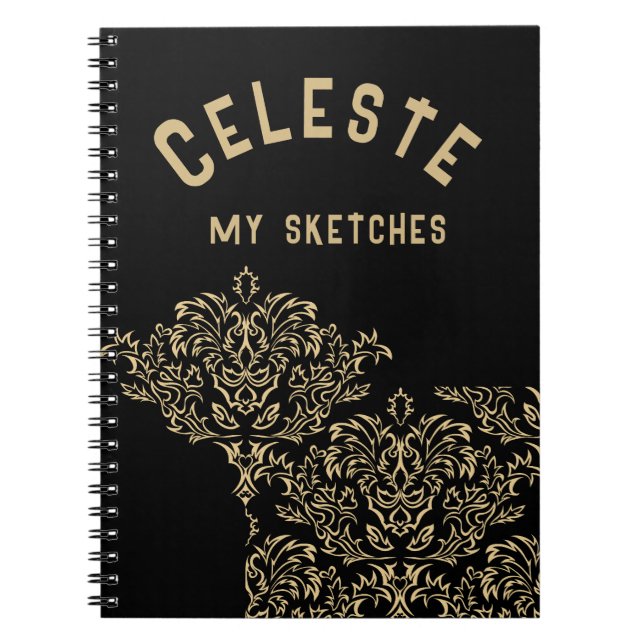 Monogrammed Gold Pattern on Black | Notebook (Front)