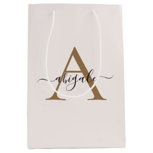 Monogrammed Gold Pearl White   Minimal Elegant Medium Gift Bag