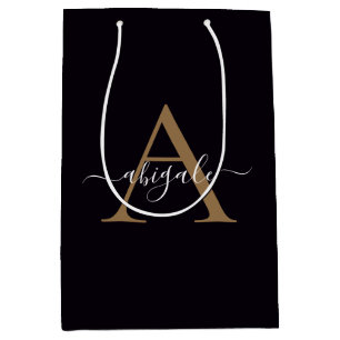 Monogrammed Gold Pitch Black   Minimal Elegant Medium Gift Bag