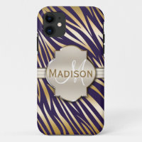 Monogrammed Gold Purple Zebra Print Pattern