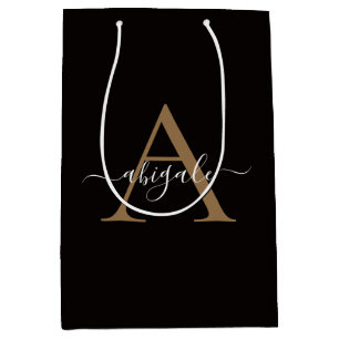 Monogrammed Gold Sable Black Minimal Elegant Medium Gift Bag
