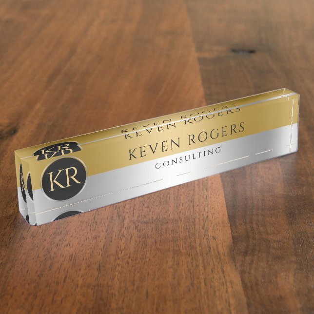 Monogrammed Gold & Silver Modern Geometric Design Nameplate (Side)