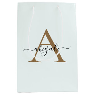 Monogrammed Gold Snow White   Minimal Elegant Medium Gift Bag