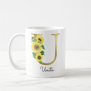 Monogrammed Gold Sunflower Floral Initial U Coffee Mug